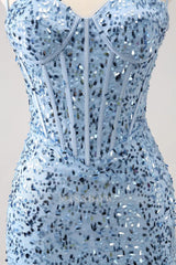 Misshow Sparkly Blue Spaghetti Straps Corset Tight Short Homecoming Dress/Mini Dress