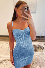 Misshow Sparkly Blue Spaghetti Straps Corset Tight Short Homecoming Dress/Mini Dress