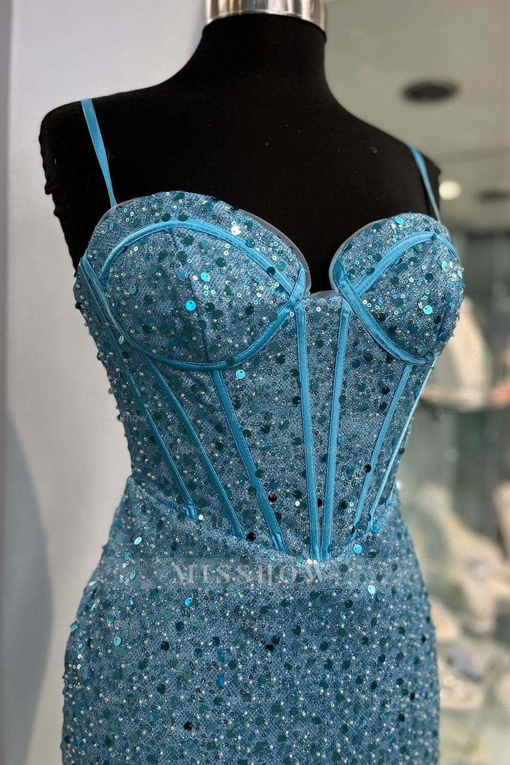 Misshow Sparkly Blue Spaghetti Straps Corset Tight Short Homecoming Dress/Mini Dress
