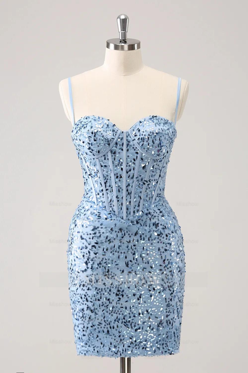 Misshow Sparkly Blue Spaghetti Straps Corset Tight Short Homecoming Dress/Mini Dress