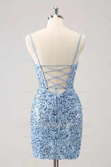 Misshow Sparkly Blue Spaghetti Straps Corset Tight Short Homecoming Dress/Mini Dress