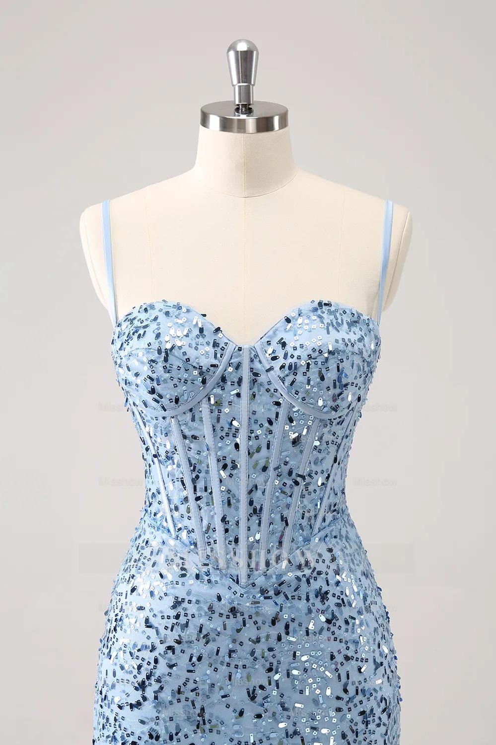 Misshow Sparkly Blue Spaghetti Straps Corset Tight Short Homecoming Dress/Mini Dress
