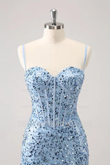 Misshow Sparkly Blue Spaghetti Straps Corset Tight Short Homecoming Dress/Mini Dress
