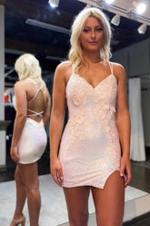 Misshow Sparkly Blush Sequins Backless Tight Short Homecoming Dress/Mini Dress with 3D Flowers