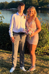 Misshow Sparkly Blush Strapless Corset Tight Short Homecoming Dress/Mini Dress