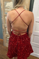 Misshow Sparkly Burgundy A-Line Backless Short Hoco Dress with Pockets
