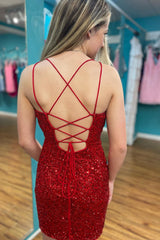 Misshow Sparkly Burgundy Lace-Up Back Sequins Tight Short Homecoming Dress/Mini Dress