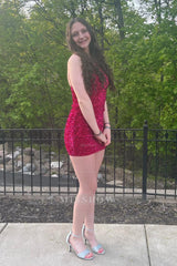 Misshow Sparkly Burgundy Sequins One Shoulder Tight Short Homecoming Dress/Mini Dress