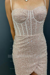 Misshow Sparkly Champagne Beaded Sequins Tight Short Homecoming Dress/Mini Dress