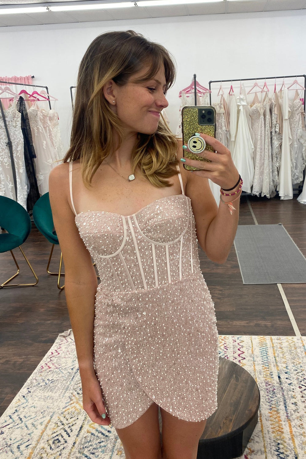 Misshow Sparkly Champagne Beaded Sequins Tight Short Homecoming Dress/Mini Dress