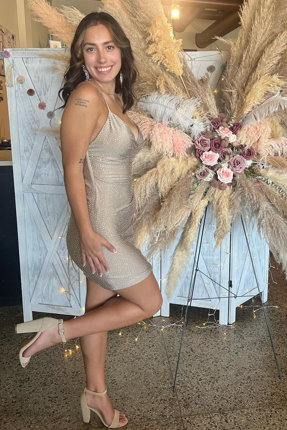 Misshow Sparkly Champagne Beaded Tight Short Homecoming Dress/Mini Dress