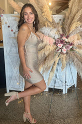 Misshow Sparkly Champagne Beaded Tight Short Homecoming Dress/Mini Dress