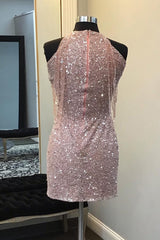 Misshow Sparkly Champagne Sequin Round Neck Tight Short Homecoming Dress/Mini Dress with Fringes