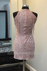 Misshow Sparkly Champagne Sequin Round Neck Tight Short Homecoming Dress/Mini Dress with Fringes