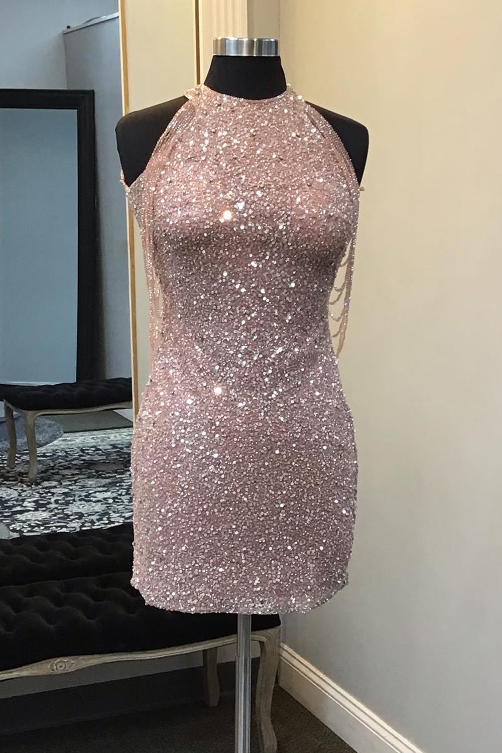 Misshow Sparkly Champagne Sequin Round Neck Tight Short Homecoming Dress/Mini Dress with Fringes