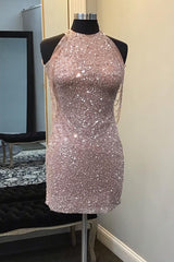 Misshow Sparkly Champagne Sequin Round Neck Tight Short Homecoming Dress/Mini Dress with Fringes