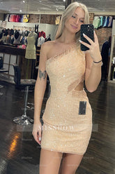 Misshow Sparkly Champagne Sequined Cut Out Tight Short Homecoming Dress/Mini Dress with Fringes