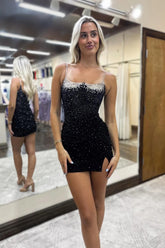 Misshow Sparkly Corset Black Tight Short Homecoming Dress/Mini Dress with Beadings