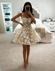 Misshow Sparkly Corset Champagne Floral A-Line Short Homecoming Dress/Mini Dress
