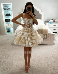 Misshow Sparkly Corset Champagne Floral A-Line Short Homecoming Dress/Mini Dress