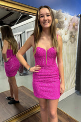 Misshow Sparkly Corset Fuchsia Sequins Tight Short Homecoming Dress/Mini Dress
