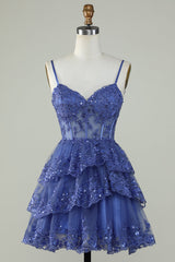 Misshow Sparkly Dark Blue Corset Top Spaghetti Straps A-Line Lace Short Homecoming Dress/Mini Dress