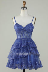 Misshow Sparkly Dark Blue Corset Top Spaghetti Straps A-Line Lace Short Homecoming Dress/Mini Dress