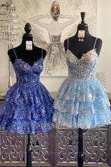 Misshow Sparkly Dark Blue Corset Top Spaghetti Straps A-Line Lace Short Homecoming Dress/Mini Dress