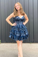 Misshow Sparkly Dark Blue Corset Top Spaghetti Straps A-Line Lace Short Homecoming Dress/Mini Dress
