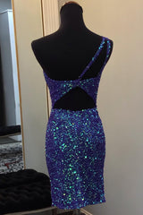 Misshow Sparkly Dark Blue Sequin Open Back Tight Short Homecoming Dress/Mini Dress