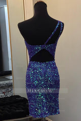 Misshow Sparkly Dark Blue Sequin Open Back Tight Short Homecoming Dress/Mini Dress