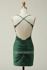 Misshow Sparkly Dark Green Beaded Short Homecoming Dress/Mini Dress with Appliques