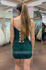 Misshow Sparkly Dark Green Corset Beaded Tight Short Homecoming Dress/Mini Dress