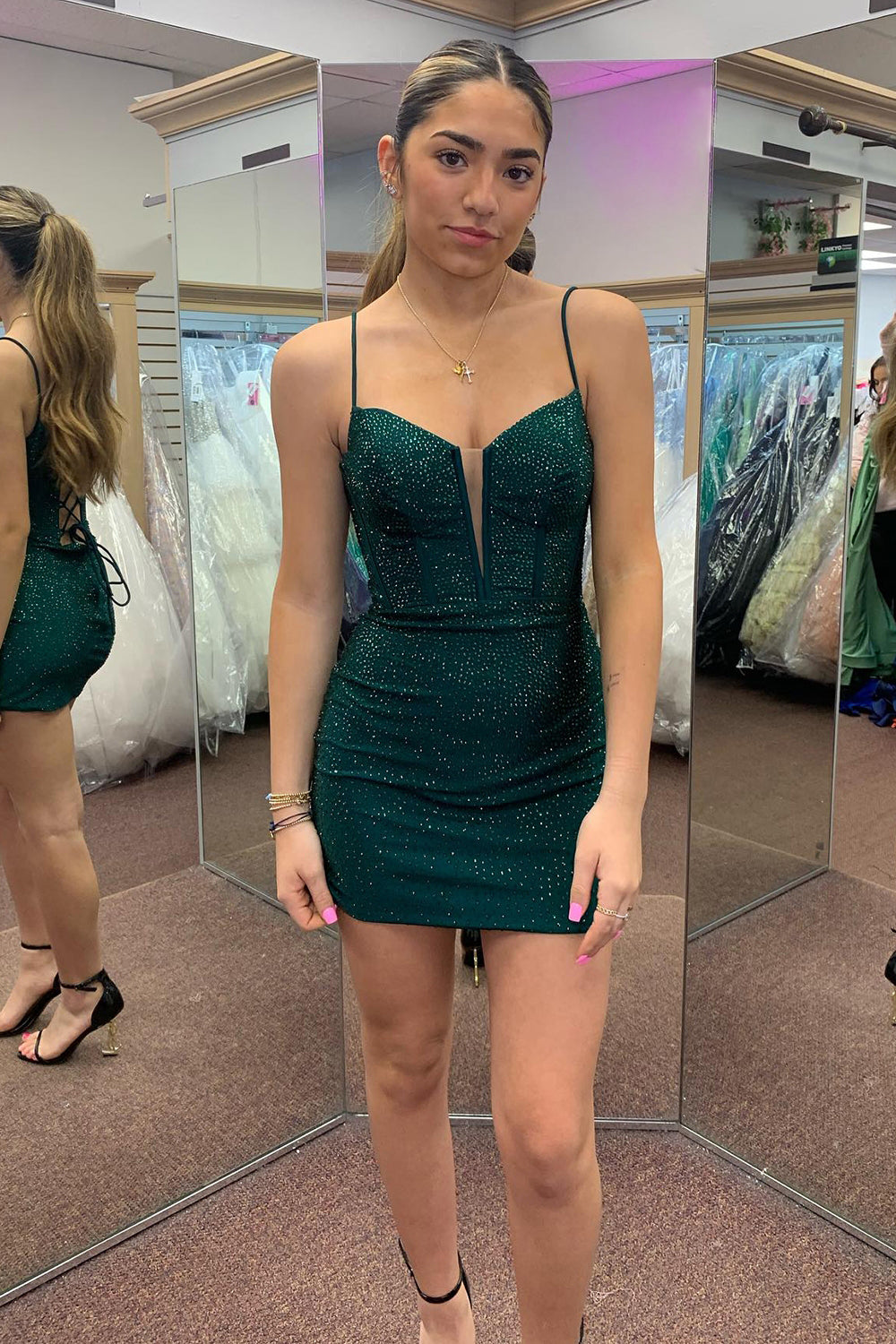 Misshow Sparkly Dark Green Corset Beaded Tight Short Homecoming Dress/Mini Dress