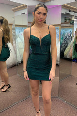 Misshow Sparkly Dark Green Corset Beaded Tight Short Homecoming Dress/Mini Dress