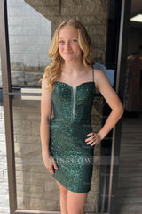 Misshow Sparkly Dark Green Corset Sequins Sleeveless Tight Homecoming Dress/Mini Dress