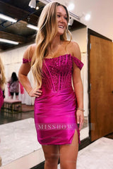 Misshow Sparkly Dark Green Detachable Off the Shoulder Satin Tight Short Homecoming Dress/Mini Dress with Sequins