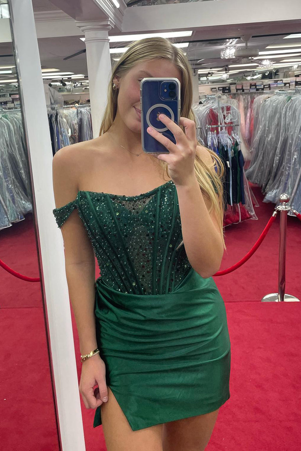Misshow Sparkly Dark Green Detachable Off the Shoulder Satin Tight Short Homecoming Dress/Mini Dress with Sequins