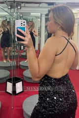 Misshow Sparkly Dark Green Halter Open Back Bodycon Homecoming Dress/Mini Dress With Sequins