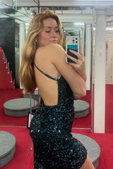Misshow Sparkly Dark Green Halter Open Back Bodycon Homecoming Dress/Mini Dress With Sequins
