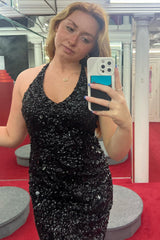 Misshow Sparkly Dark Green Halter Open Back Bodycon Homecoming Dress/Mini Dress With Sequins