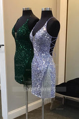 Misshow Sparkly Dark Green Sequin Tight Homecoming Dress/Mini Dress with Fringes