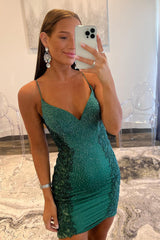 Misshow Sparkly Dark Green Sequin Tight Short Homecoming Dress/Mini Dress with Appliques