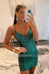 Misshow Sparkly Dark Green Sequin Tight Short Homecoming Dress/Mini Dress with Appliques