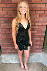 Misshow Sparkly Dark Green Sequined Tight Short Homecoming Dress/Mini Dress with Slit