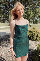 Misshow Sparkly Dark Green Sequins Lace-Up Back Tight Short Homecoming Dress/Mini Dress with Slit