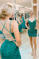 Misshow Sparkly Dark Green Sequins Lace-Up Back Tight Short Homecoming Dress/Mini Dress