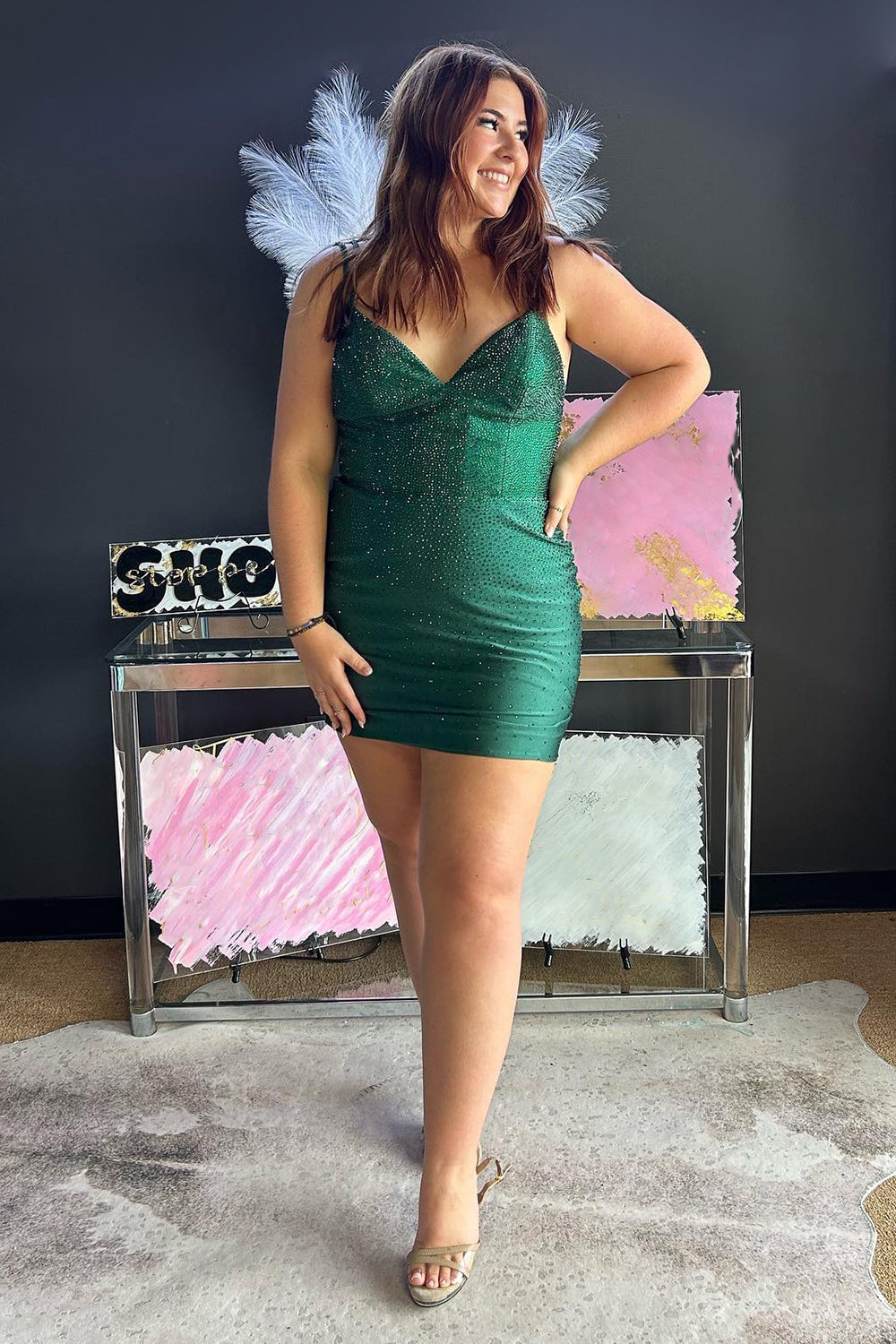 Misshow Sparkly Dark Green Spaghetti Straps Beaded Backless Tight Homecoming Dress/Mini Dress