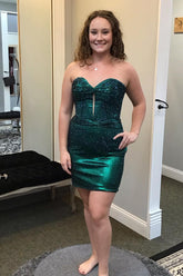 Misshow Sparkly Dark Green Strapless Corset Tight Short Homecoming Dress/Mini Dress with Beadings