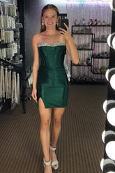 Misshow Sparkly Dark Green Tight Short Satin Homecoming Dress/Mini Dress